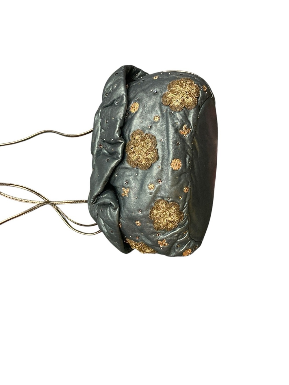 Embroidered Olive Green Drawstring Wristlet with Gold Accents